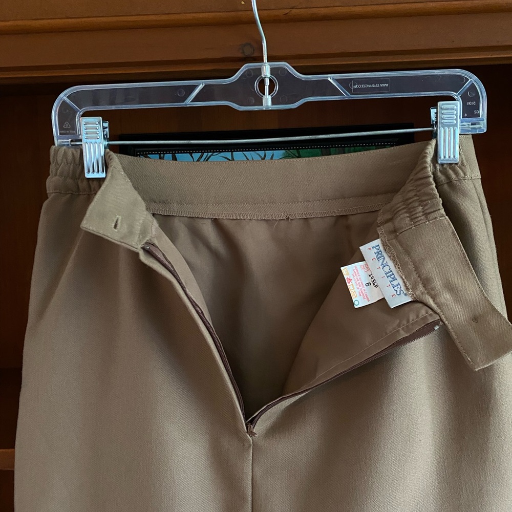 Vintage 80s Principles Petite Camel Wool Blend Midi Skirt Pockets Size 6 - Picture 9 of 12